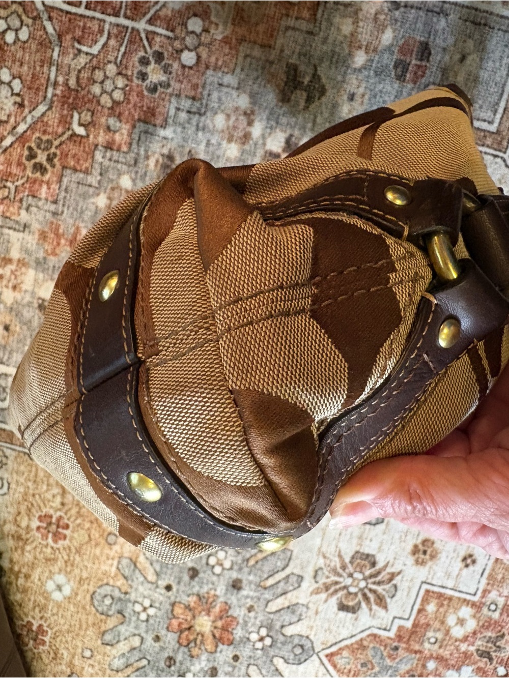 Coach Carly 12871 Tan Signature Canvas Shoulder Bag with Dark Brown Trim - Picture 7 of 12